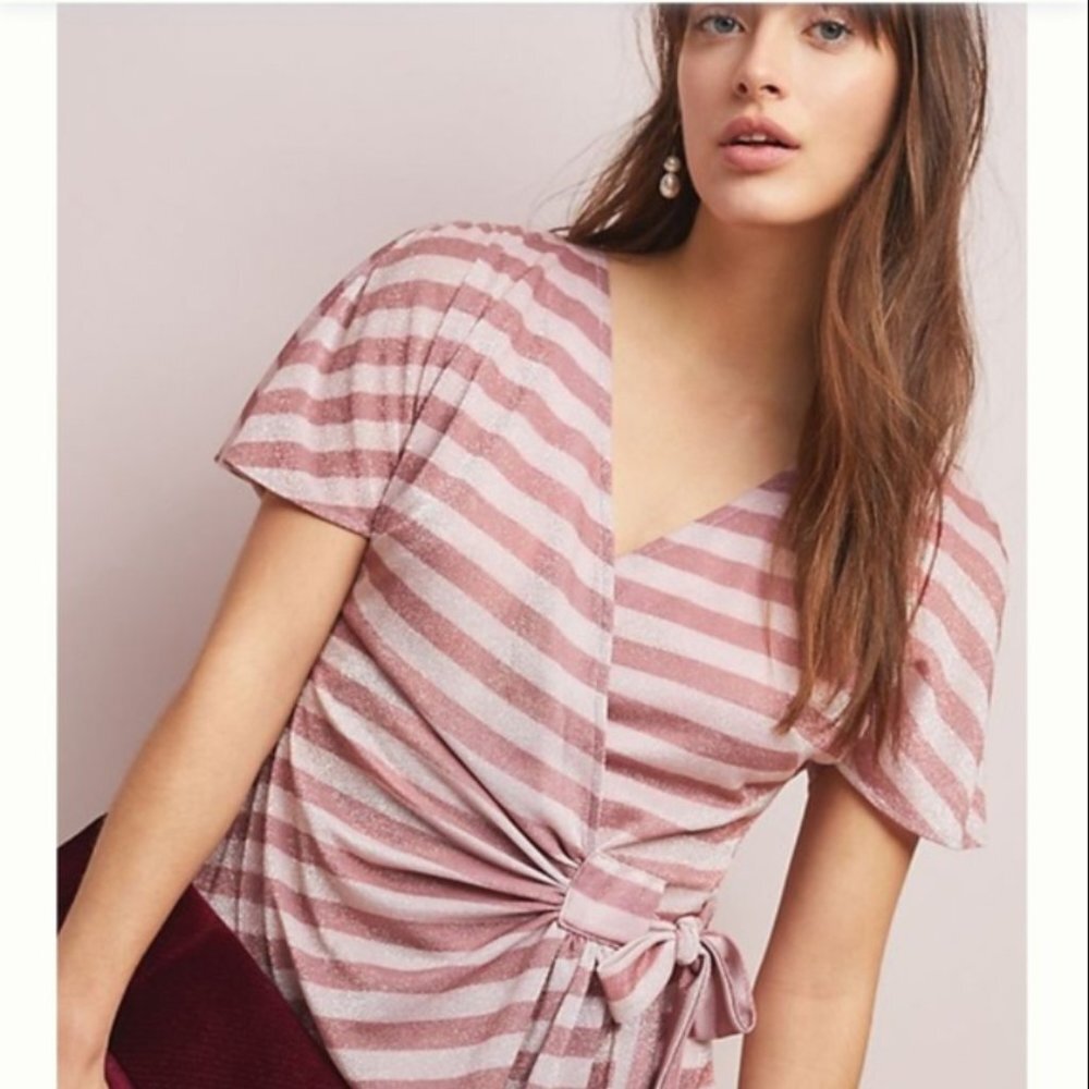 Anthropologie Metallic Stripe Short Sleeve Pink Wrap Top by Eva Franco